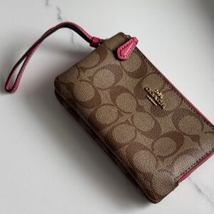 Coach Signature Brown Wristlet with Pink Trim